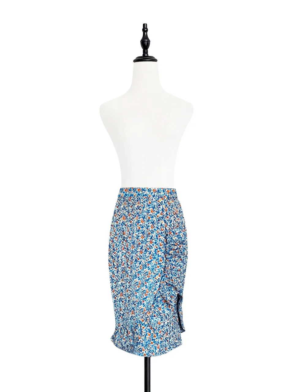 Surprise Sale! Blue Jacquard Blossom Ruffle Slit Pencil Skirt