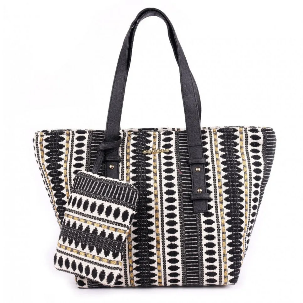 Women Black & White Textured Tote Bag With Coin Pouch