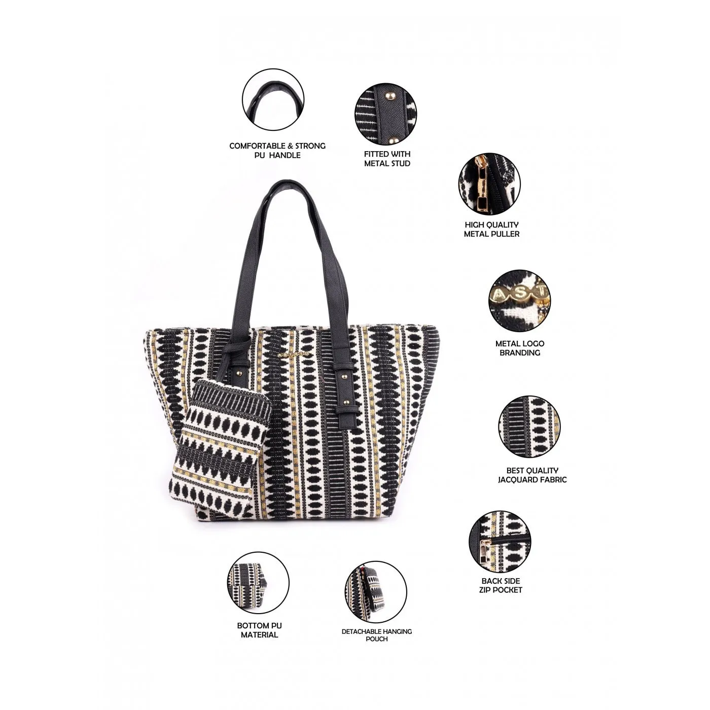 Women Black & White Textured Tote Bag With Coin Pouch