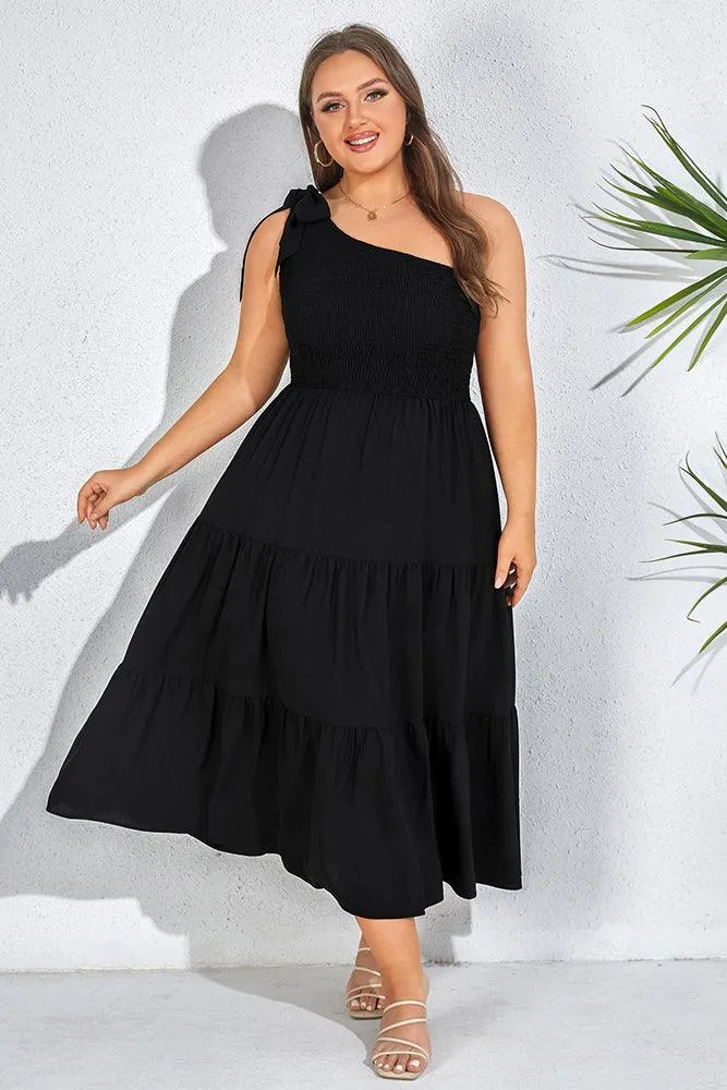 Women Plus Size Elastic Waist Midi Dress One-Shoulder A-Line Dress