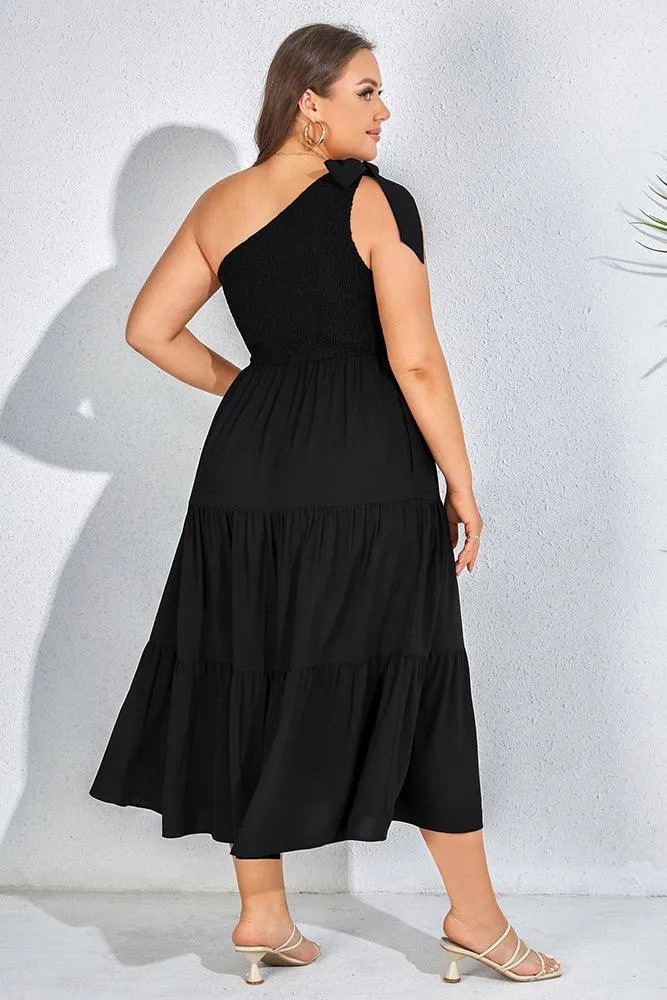 Women Plus Size Elastic Waist Midi Dress One-Shoulder A-Line Dress