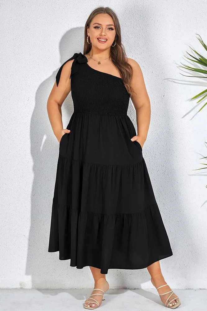 Women Plus Size Elastic Waist Midi Dress One-Shoulder A-Line Dress