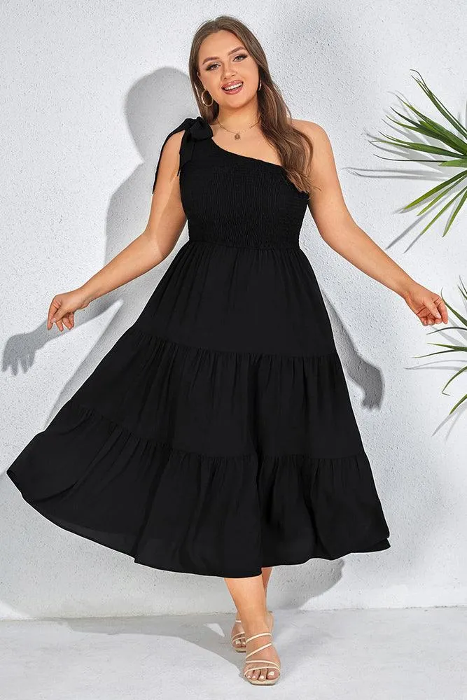 Women Plus Size Elastic Waist Midi Dress One-Shoulder A-Line Dress